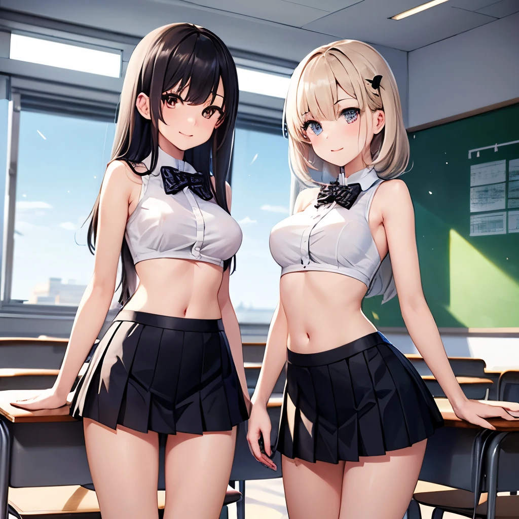 ((highest quality)), ((masterpiece)), ((3 woman:1.5)), cute woman are posing for a camera, (In an empty classroom), (Lifting SHIRT:1.3), (open your mouth and laugh:1.3), ray tracing, ((tits)), (small nipples), nipples, breasts, hair band, headband, hair bobbles, blouse, shirt, (High definition thighs), (stand in a line), 12 talents、、14 years oldd、((no pantie, no skirts, Asian, Westerner, silver hair, brown hair, blond hair, (navel), jewelry, looking at viewer, necklace, long hair, short hair, (abs),(Depth of the bounds written), (My skirt is completely blown up by the strong wind.:1.2),