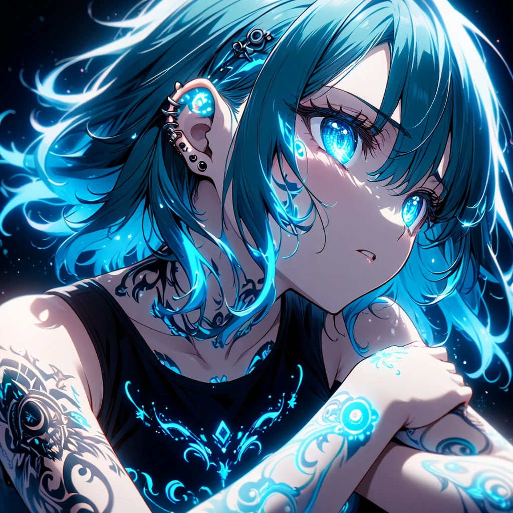  close up of face 、 Artistic anime illustration of a woman with glowing black flames, glowing tattoos on the arms 。  The tattoo on the arms is a mix of turquoise and dark .、It emits light 。  The woman has short turquoise hair .、 she is wearing a black tank top . Piercings on the ears 、 This scene has a gloomy effect .、  It accentuates the fantastic shine of the tattoo .、