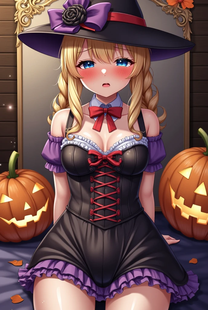 NSFW,1 girl,Rikajo、Long Hair、Blonde Hair、Green Eyes、Small breasts、tooth,Halloween,(Perfect hands),(Perfect Anatomy),(masterpiece),(highest quality),Embarrassed,blush,(Ecstasy face:1.5),One man,Standing man,