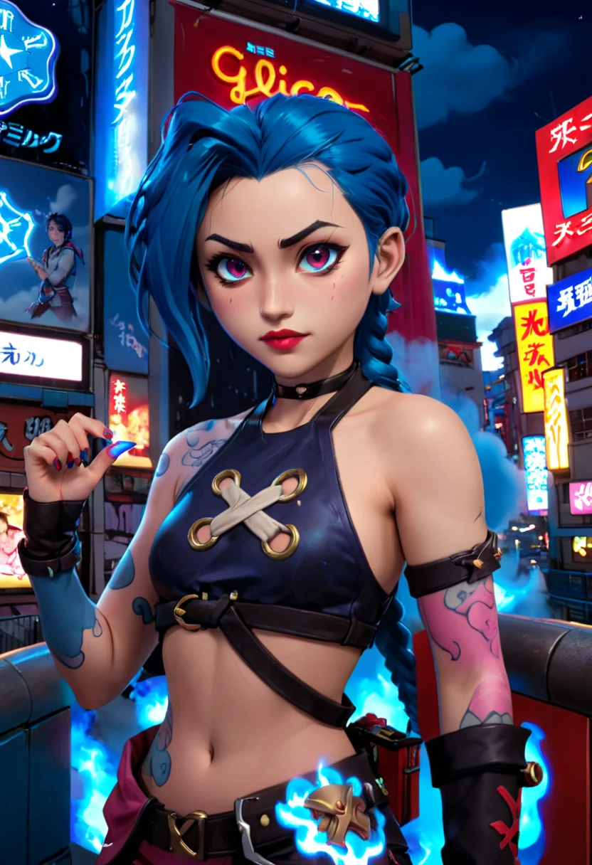 masterpiece, Best Quality,  so pretty ,  absurd,
Glico, Osaka, Japan, scenery, Real World Locations , Poster, ( object),  building , Outdoor, Realistic, Photo Backdrop ,  neon light, Neon Signs,solo , jinx,  1 girl,  cloud tattoo  on the arm,  asymmetrical bang, Bans, Hair is blue, blue braids ,  cloud tattoo ,  sideways, Hair is blue, Long Hair, Pink Eyes, Red lips,  is standing ,  cloud tattoo ,  twin blade . Jinx de arcano. Jinx. Jinx, arcane \(League of Legends\
 