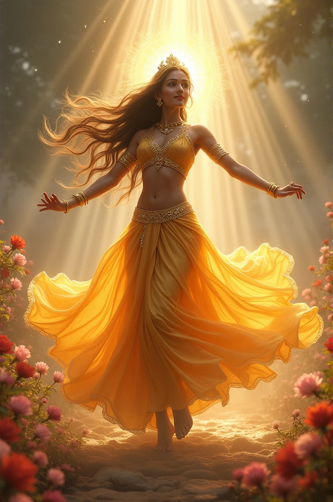 rambha, the hindu mythological apsara, in a mythological palace,wear classical dress, classical dancing pose, Devine photo