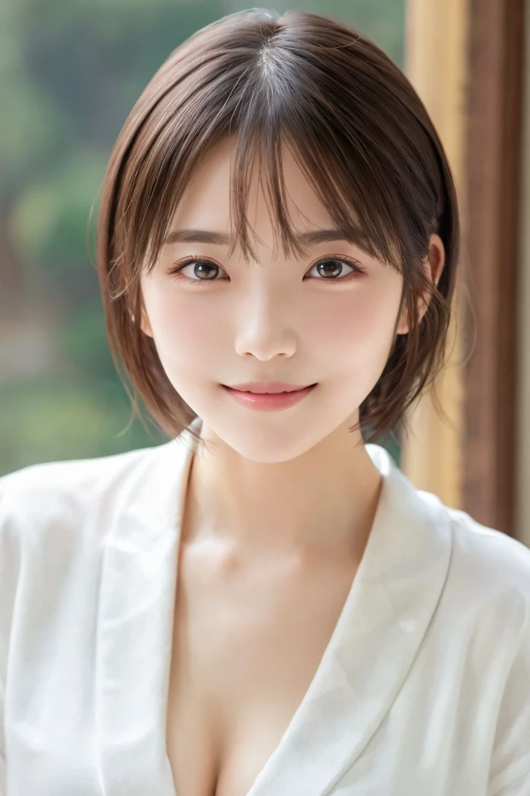 masterpiece, Best Quality,  one woman, ( white bathrobe:1.2)、(RAW 写真Best Quality), (reality, reality的:1.4),  sexy、iris、 very detailed eyes and face ,  beautiful and detailed nose, beautiful eyes,  perfect anatomy、 short hair、 cleavage、 shiny skin、 blushes cheeks、A cool smile、 open my lips、 sleep、 bed、 the angle from above 、