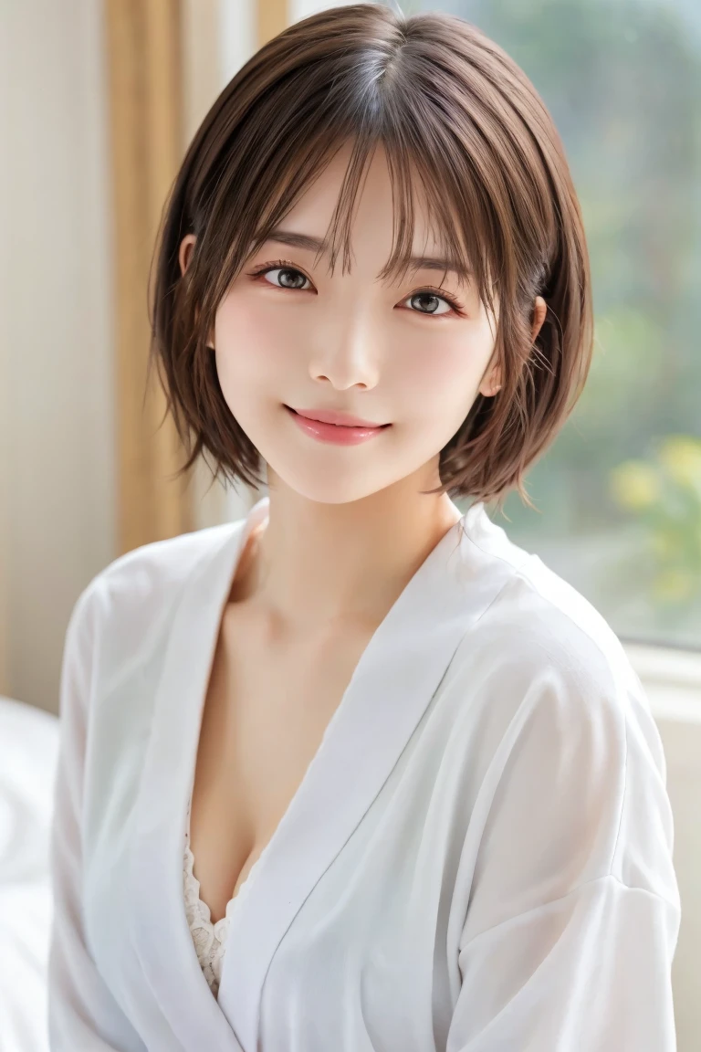 masterpiece, Best Quality,  one woman, ( white bathrobe:1.2)、(RAW 写真Best Quality), (reality, reality的:1.4),  sexy、iris、 very detailed eyes and face ,  beautiful and detailed nose, beautiful eyes,  perfect anatomy、 short hair、 cleavage、 shiny skin、 blushes cheeks、A cool smile、 open my lips、 sleep、 bed、 the angle from above 、