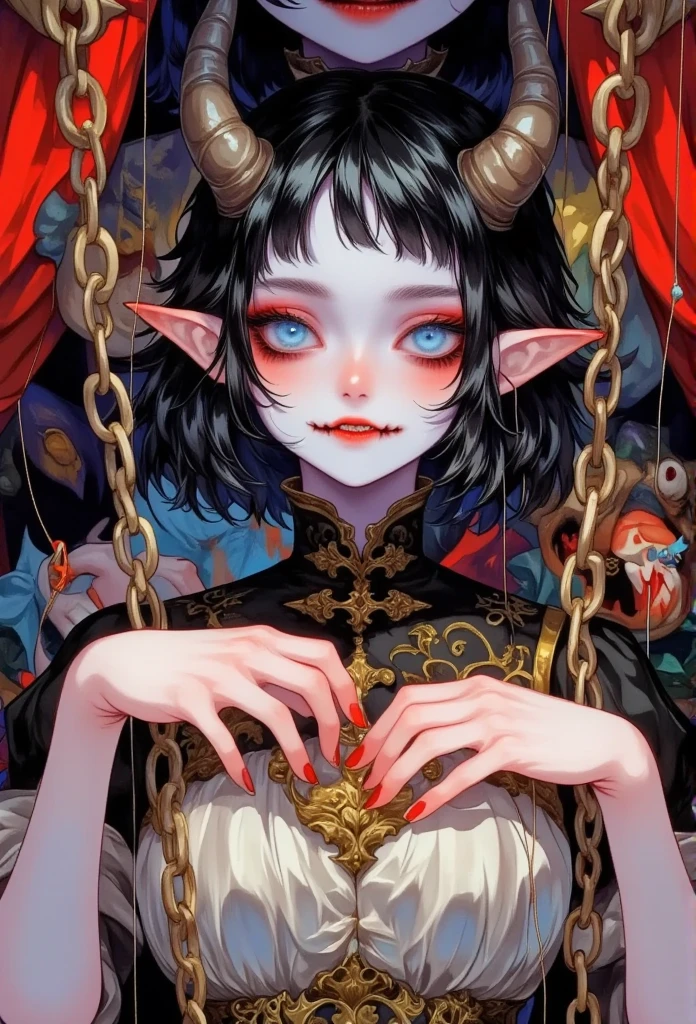 A charming lady, 1Succuba, with red teeth and black bob-cut with slanted bangs, horns, huge wings, she is surrounded by chains, look up, Enchanting, seductive, evil smile, dark fantasy creatures,