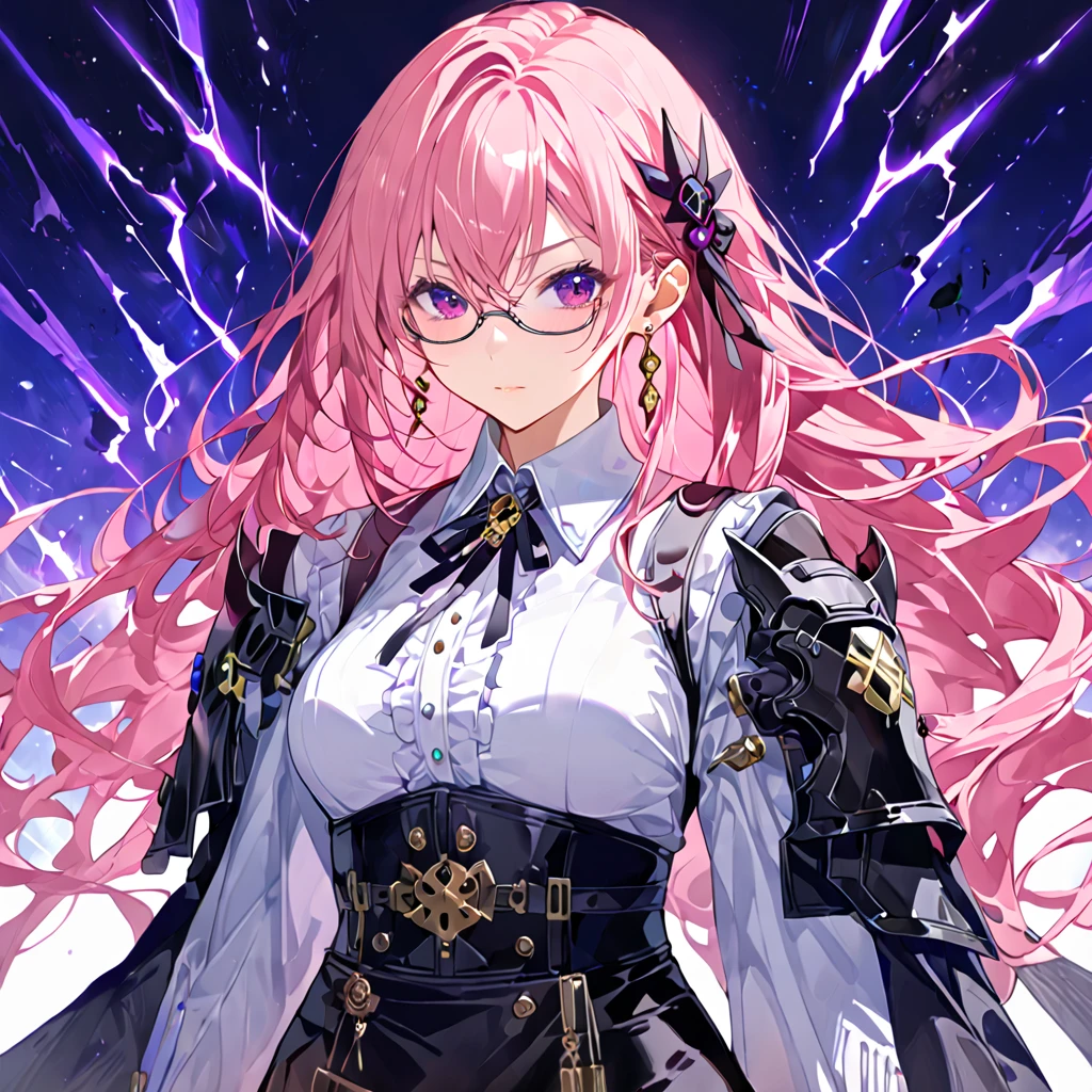 Blitz effect, 1 female, zenless zone zero, flawless smooth skin, gleaming skin, ,tsukishiro_yanagi, purple eyes, pink hair, long hair, hair ornament, glasses, collared shirt, long sleeves, frilled sleeves, black gloves, shoulder armor, black ribbon, high-waist skirt, pencil skirt, black skirt, black high heels, earrings, ear acessory, full body, score_9, score_8, score_7, masterpiece, best quality, ultra detailed, intricate detailed, highly detailed skin