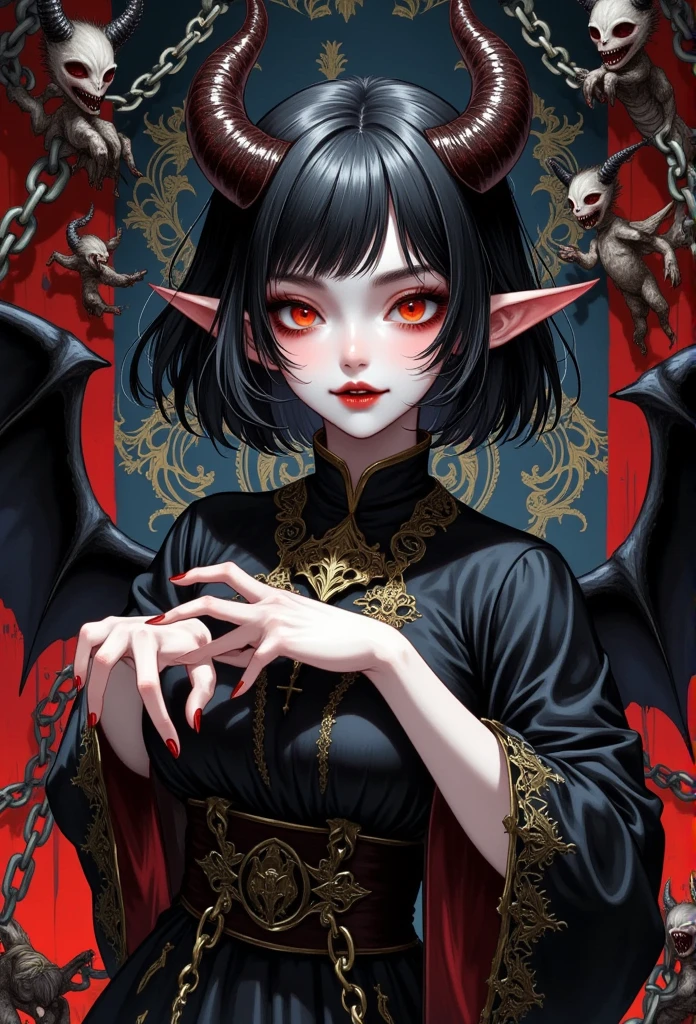 A charming lady, 1Succuba, with red teeth and black bob-cut with slanted bangs, horns, huge wings, she is surrounded by chains, look up, Enchanting, seductive, evil smile, dark fantasy creatures,