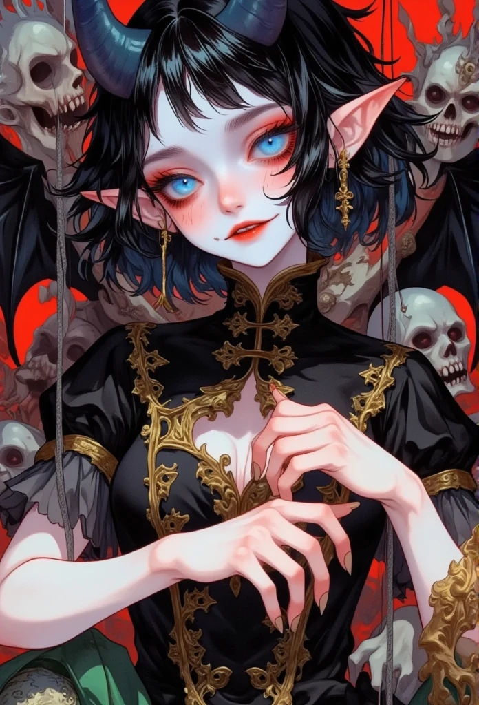 A charming lady, 1Succuba, with red teeth and black bob-cut with slanted bangs, horns, huge wings, she is surrounded by chains, look up, Enchanting, seductive, evil smile, dark fantasy creatures,