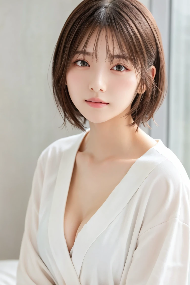 masterpiece, Best Quality,  one woman, ( white bathrobe:1.2)、(RAW 写真Best Quality), (reality, reality的:1.4),  sexy、iris、 very detailed eyes and face ,  beautiful and detailed nose, beautiful eyes,  perfect anatomy、 short hair、 cleavage、 shiny skin、 blushes cheeks、Serious face、 open my lips、 sleep、 bed、 the angle from above 、