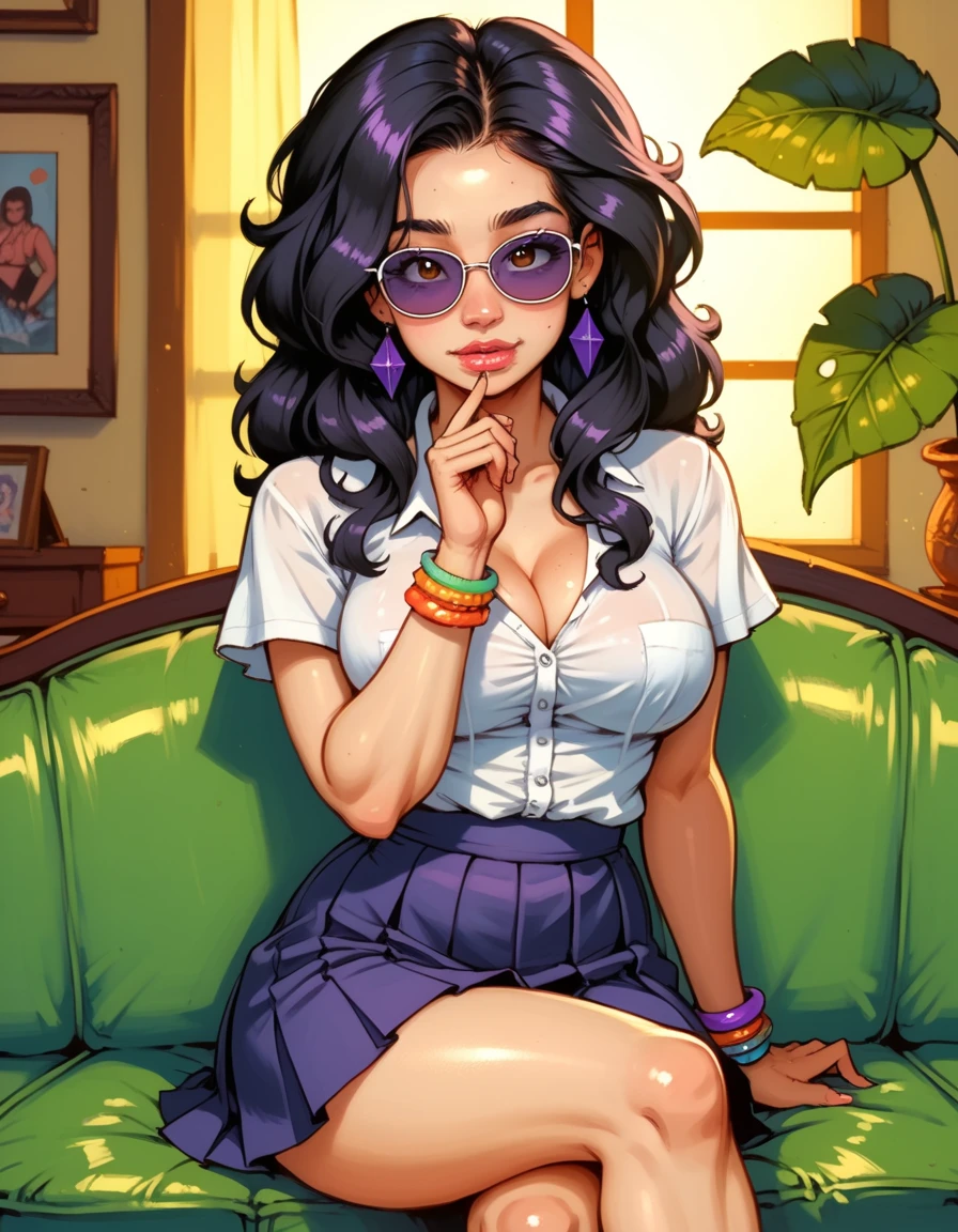 a Latin girl  , with long black hair ,  vibrant brown eyes and large breasts .  She wears a student costume ( white blouse and short black pleated skirt above the thigh ),  colored bracelets and sunglasses with clear purple lenses,  Her costume is cute and short ,  But provocative and inviting , sitting on the living room sofa  (((legs crossed))),  resting her face on her hand and her elbow on the couch .  She smiles annoyingly and maliciously . Detailed face, big and loose hair, best quality ,  high quality,  High resolution, detail enhancement, 8k, hdR, Sharp Focus, Ultra Detailed,  Perfect lighting ,  curvy body ,  lush breasts ,  curvy hips 