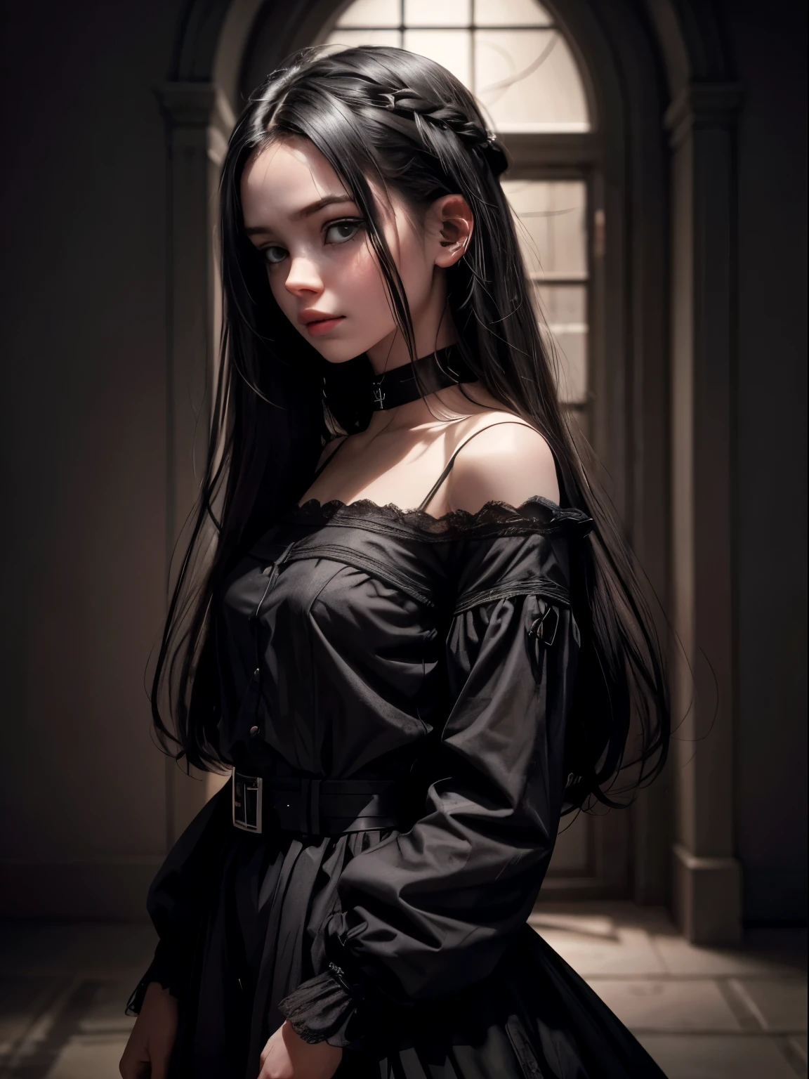 A with pale skin and long, straight black hair. large and dark eyes , with an intense and enigmatic expression. wearing the orphan movie clothe style, with a more elegant and sophisticated touch, something that matches her mysterious and strong personality. Overall, her appearance would be striking, attracting curious and intrigued looks. flat chested, cinematic lighting, chromatic aberration, backlighting, masterpiece, high details, high quality, 4K.
