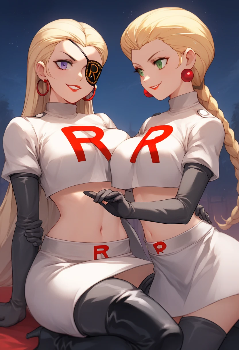 Team rocket, team rocket uniform, red letter R, white skirt,white crop top,black thigh-high boots, black elbow gloves, evil smile, night sky background, earrings, large breasts, high-heeled boots, 2 girls, Caroline P5, Justine P5, eyepatch, blonde hair