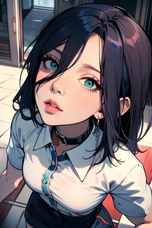 masterpiece, best quality, ultra-detailed, illustration, epic lighting, cinematic composition, isometric, 1girl, (solo:1.5), cute, blue eyes, green eyes, detailed iris, black hair, swept bangs, single sidelock, red hairclip, unbuttoned white shirt, choker, loose black necktie, black pants, formal, enchanting gaze, captivating pose, indoors, office, door, opening door, looking at viewer, peeking out upper body, blush, seductive smile, closed mouth,(8k:1.1), (ahegao:1.5)