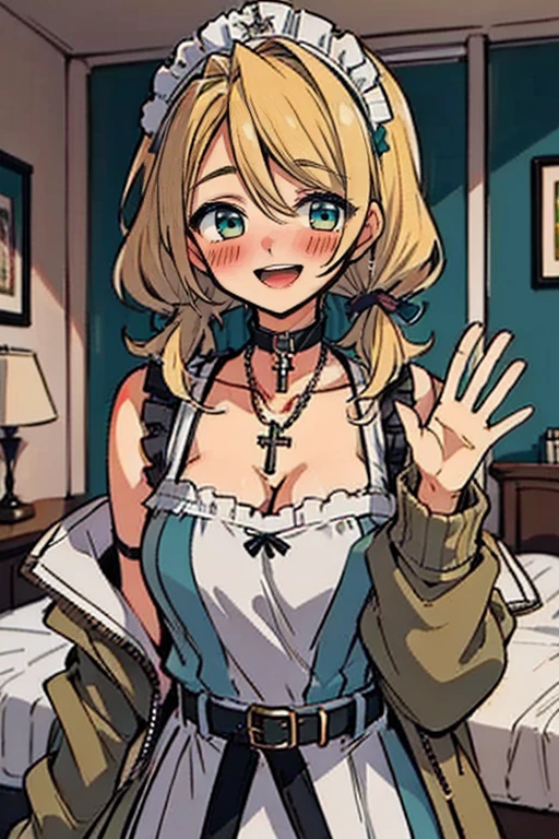 (masterpiece:1.2), (high quality:1.2), rekkyo sensen, rekkyou sensen, girls with(((1girl, solo, aiden d adams, blonde hair, teal eyes, smiling, blush, opened mouth, maid headdress, wavy medium hair, right swept bangs, low twintail:1.3), maid, breasts, choker, cleavage, coat, cowboy shot, (white frilled dress:1.2), camisole, white apron, tiered skirt, blue dress, off-shoulder sleeves, bare shoulders, ribbon waist belt, collar, collarbone, rosary, rosary choker, cross, fur, khaki hoodie, green hoodie, hood down, hooded coat, hooded jacket, hoodie, jacket, large breasts, long sleeves, medium breasts, open clothes, open coat,open hoodie, sleeveless, winter clothes, cleavage, upper body, hand up, waving, palm)), background with((bedroom, room:2.0))