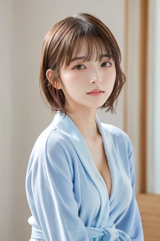 masterpiece, Best Quality,  one woman, ( Light Blue Bathrobe:1.2)、(RAW 写真Best Quality), (reality, reality的:1.4),  sexy、iris、 very detailed eyes and face ,  beautiful and detailed nose, beautiful eyes,  perfect anatomy、 short hair、 cleavage、 shiny skin、 blushes cheeks、Serious face、 open my lips、 bed、Rear Light 