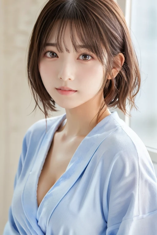 masterpiece, Best Quality,  one woman, ( Light Blue Bathrobe:1.2)、(RAW 写真Best Quality), (reality, reality的:1.4),  sexy、iris、 very detailed eyes and face ,  beautiful and detailed nose, beautiful eyes,  perfect anatomy、 short hair、 cleavage、 shiny skin、 blushes cheeks、Serious face、 open my lips、 bed、Rear Light 