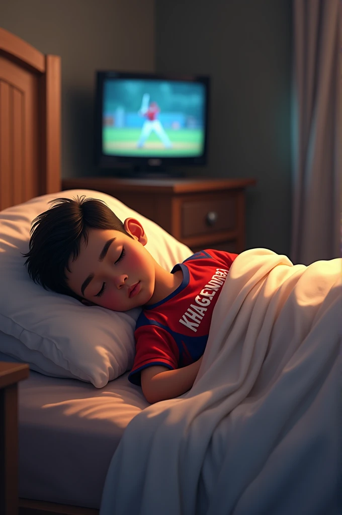Creat a pic of a boy sleeping in bed with closed eyes seeing himself playing cricket in dream