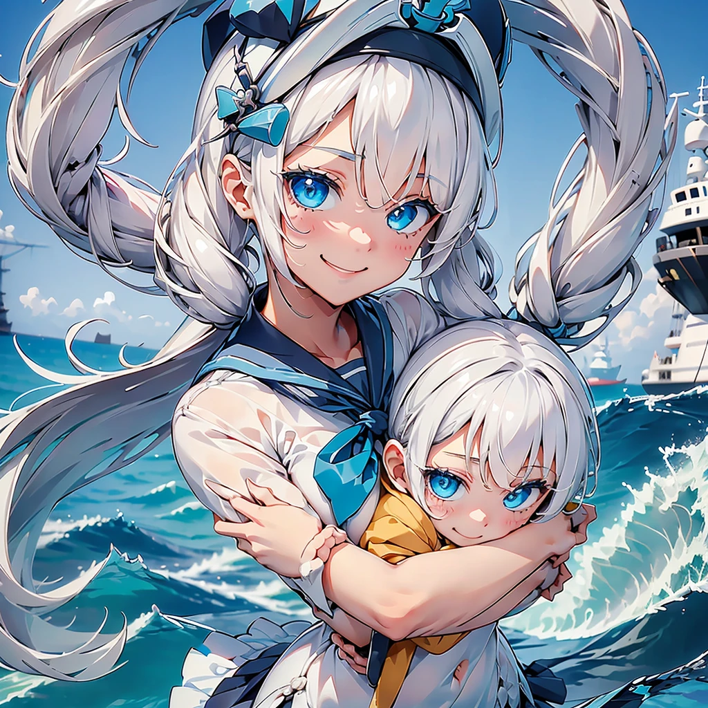 1girl, milky white hair color、pure white lashes 、Handsome face、Baby Face、 smiling happy extremely detailed 、Cyan Eyes、giant anchor background、⚓、🌊、Sun visor、