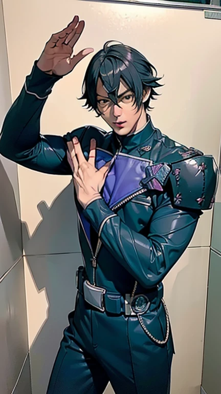  ( highest quality), ( highest quality), (Overall view)  A beautiful and sexy young Kamen Rider, Lean and muscular,  with a cool and handsome face, Sharp Eyes,,Kamen Rider cornered by a wall , raise both hands, Surrender pose,Frightened expression