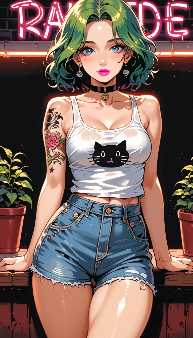 Image of a girl:( long and messy green hair with red tips, highly detailed blue eyes  ,  thick thighs ,  curvy body ,  lush breasts ,  curvy hips pink lipstick ) (It lasts: black choker, white tank top with cat print , tattoo, tight ultra short denim shorts  , ornate black pantyhose ,Loveoso, Love, )
 In boho chic style, in a café,  multicolored neon lights,  neon garlands , , mixed language_SMS, Japanese graffiti , (beautiful and clear background:1.2),, fantastic paintings ,graphite style,  with ultra-fine details , masterpiece,  best quality ,  high quality,  High resolution, detail enhancement, ((most beautiful image  in the world)), masterpiece,  best quality ,  high quality,  High resolution, detail enhancement, ((most beautiful image  ), , art by stjepan sejic, arte de j scott campbell,  art by Guillem March , arte de citemer liu, 4K,  High resolution,  comic book  book character,  comic book ,  high quality detalhado, style of ::2. Illustration style 0 Comix ,estilo tattoo,  high quality,  High resolution, detail enhancement, 8k, HD,  best quality ,  high quality,  High resolution, detail enhancement, 8k, HDR, Sharp Focus, Ultra Detailed,  Perfect lighting , 

