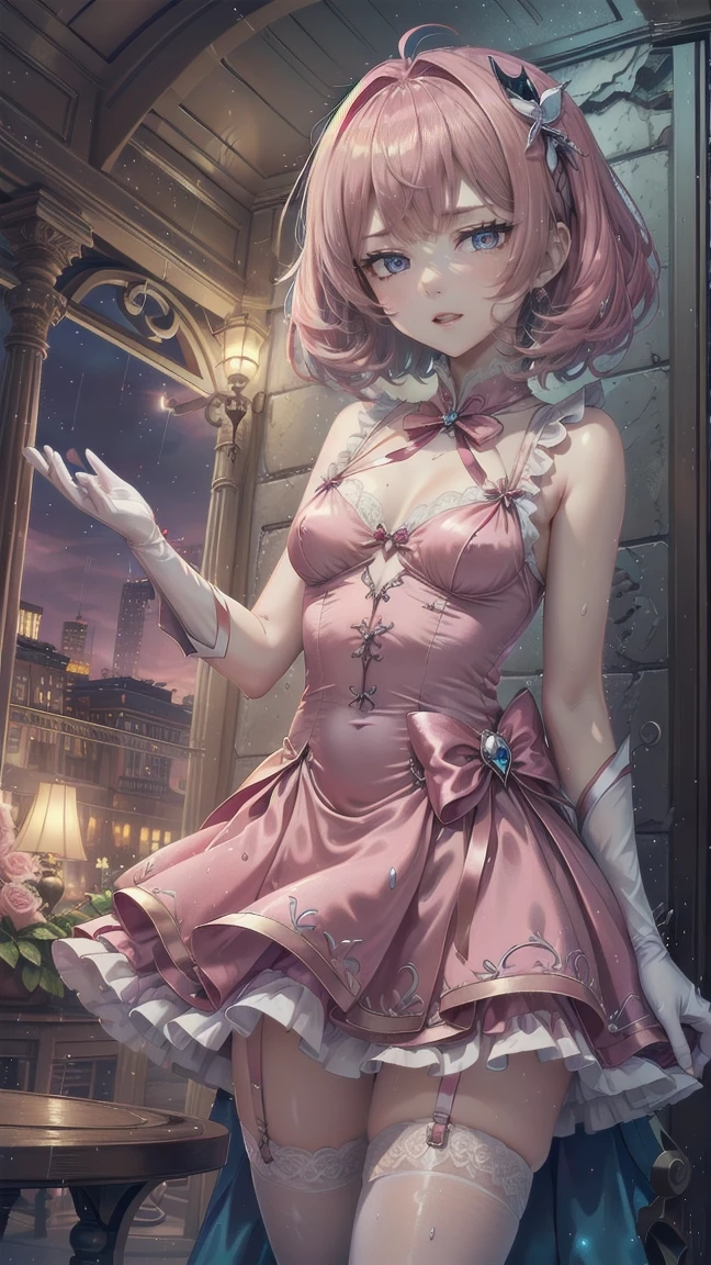 (high definition eyes ), (((Fabric Shading))), ((( please redeem ))), ((( table tops))), (((super fine CG))),  written border depth , , (((Magical Girl))), ( smaller), ( smaller breasts),  Pink Hair, (( short hair)), Pink Eyes, (((Pink satin dress, Sleeveless satin dress))),  pink satin skirt ,  pleated skirt, (( evening dress )),  Long Grove , White satin gloves,   white garter belt , White satin knee socks, White satin color, Pink satin ribbon chest, (((非常に詳細でUltra glossyのあるサテンの衣服))), (((Ultra glossy, Smooth Satin Gloves))), (((Game CG))), ((Nearby sky, Old ruins)), ((Heavy Latex Rain)), ((Narrow Passage)), ( there are 5 people close to their age , anger, discovery, side)