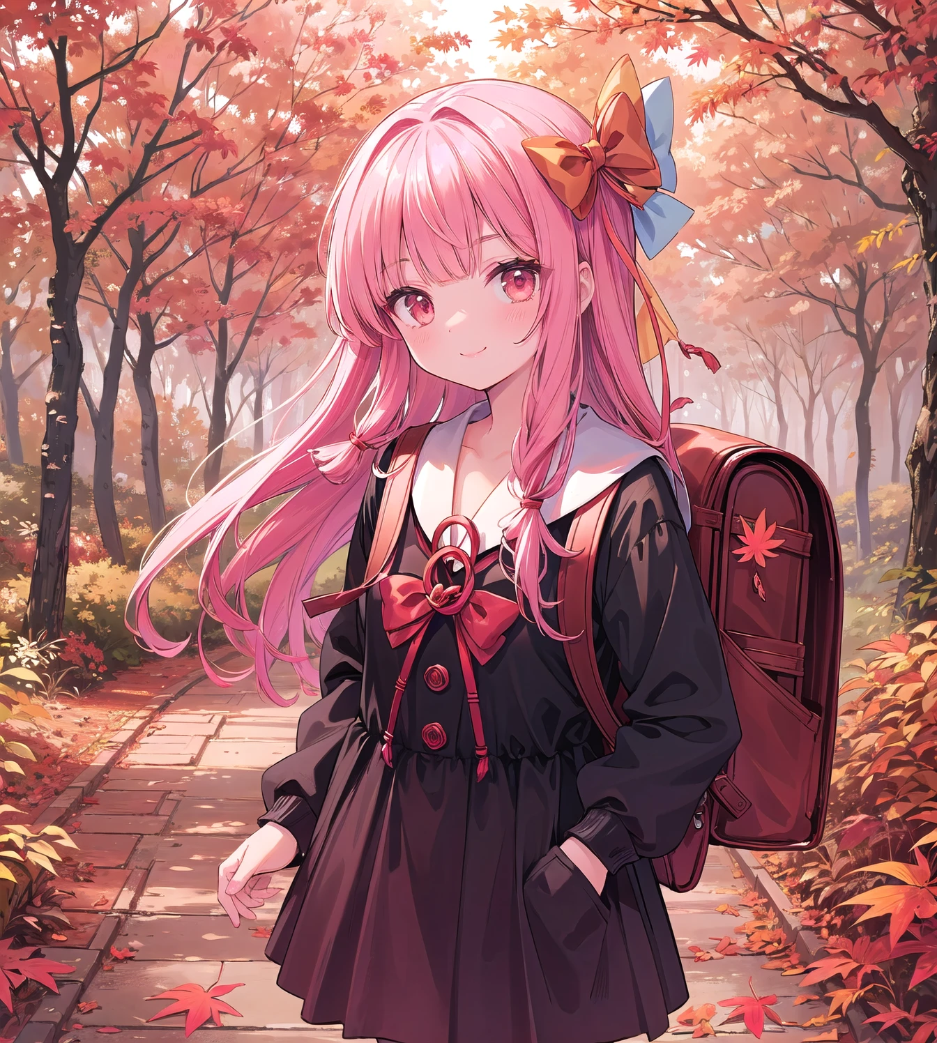 (masterpiece, Best Quality:1.2),Alone,1 person, Kotonoha Akane,(( hair bow:1.3)),forest, sailor suit:1.3,((Autumn scenery:1.3)),smile, backpack , detailed hair, Pink Hair,Perfect composition