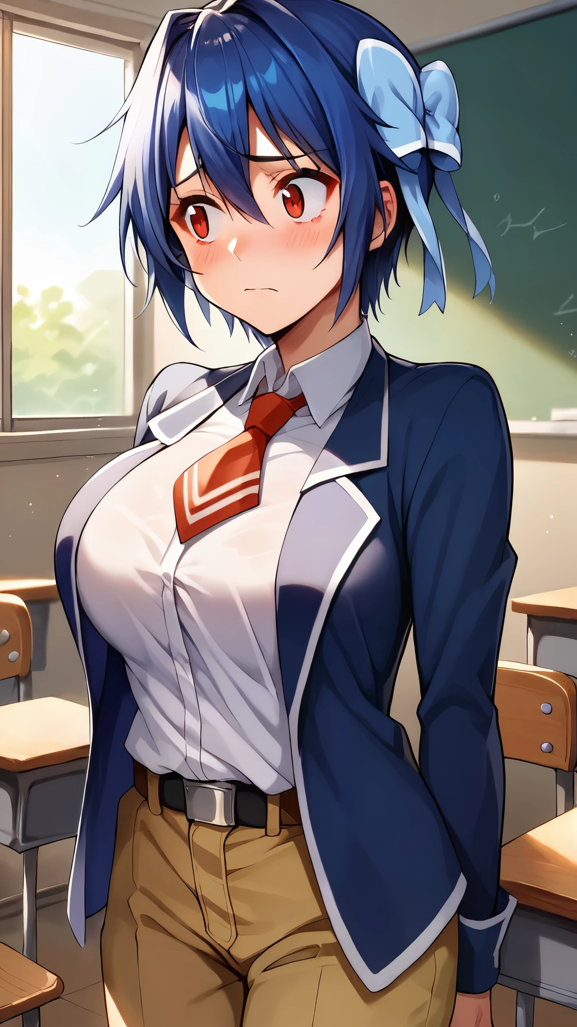  score_9,  score_8_ amazing,  score_7_ amazing,  score_6_ amazing, sauce_anime, 1 person,  solo break tsugumi seishirou ,  under eye mole,  blue hair ,  short hair,  hair bow,  blue jacket ,  white shirt, Collared shirt,  red tie , belt, Brown pants, large breasts, ((( chest emphasis ))), blush,  shy , In the classroom, evening