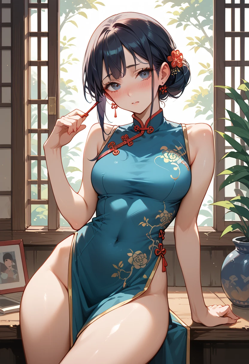 (Realistic:1.3), (photoRealistic:1.2), (highest quality:1.1), (Detailed skin:1.3), (Intricate details), Detailed skin texture,
One woman and one man, 19 years old,
(((In the study))),
(blush:0.8), ((shy face)), happy, smile, cum
(Depict from HIP to head) ,
Black Hair, Straight Hair, medium Long Hair, bangs, Hair between the eyes, Reduce hair volume,
Sparkling black eyes, Lens Eye, Light reflection in the eyes, Symmetrical eyes, (highlight in the eyes), eyelashes, looking at the camera,
Close-fitting clothing, Wearing China dress, Side slits, (knee length China dress), Floral prints, (white g-string panty), Separate panties and clothes, ((let the hem of the dress to the side)), The front and back of the skirt are the same length, A woman has two legs., Two arms, Five fingers, Two joints in the fingers, barefoot, Perfect leg length
Spread her legs very wide, (touch her hip)
(Bare her chest), (Bow-legged), Milky fluid on the thighs