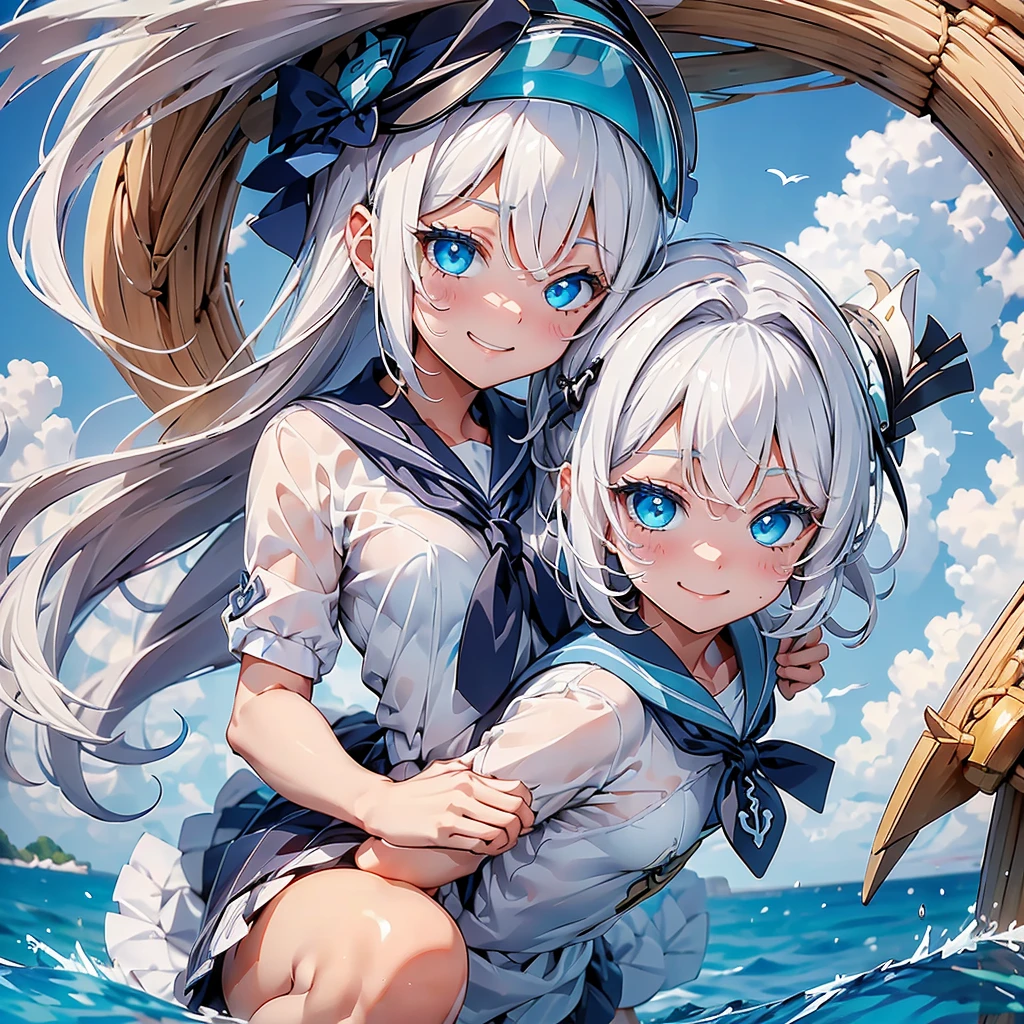 1girl, milky white hair color、pure white lashes 、Handsome face、Baby Face、 smiling happy extremely detailed 、Cyan Eyes、giant anchor background、⚓、🌊、Sun visor、On board、