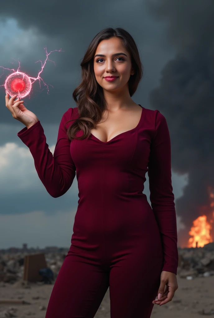 a woman with scarlet red hair wearing a tight-fitting scarlet outfit, angry face, dynamic pose, standing in the midst of a war-torn battlefield, holding a glowing red electric orb in her hand, dark clouds and explosions in the background, dramatic lighting, cinematic composition, hyper-realistic, octane render, 8k, photorealistic, masterpiece