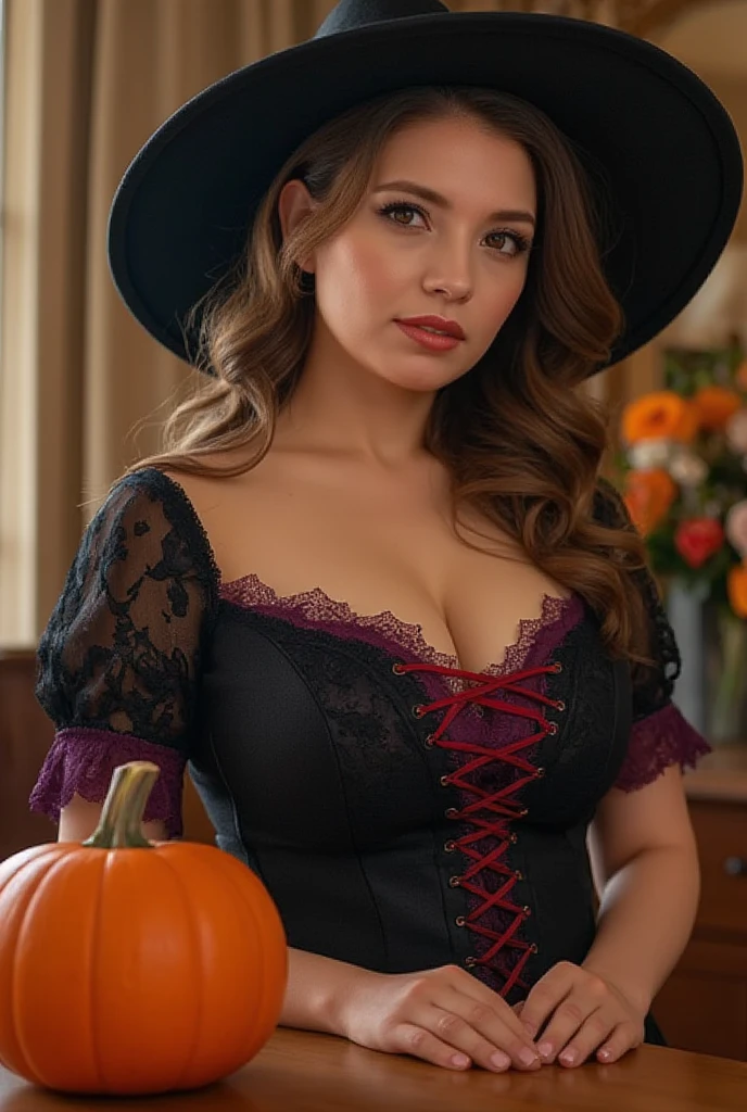 busty and sexy girl, 8k, masterpiece, ultra-realistic, best quality, high resolution, high definition, halloween, witch dress, witch hat, pumpkins, Victorian fashion, Rococo fashion, black corset with red ribbon lacing, purple lace details on the sleeves, Puffed sleeves, ornate flower frame background, historical vibe, historical fashion with fantasy elements,****ta
