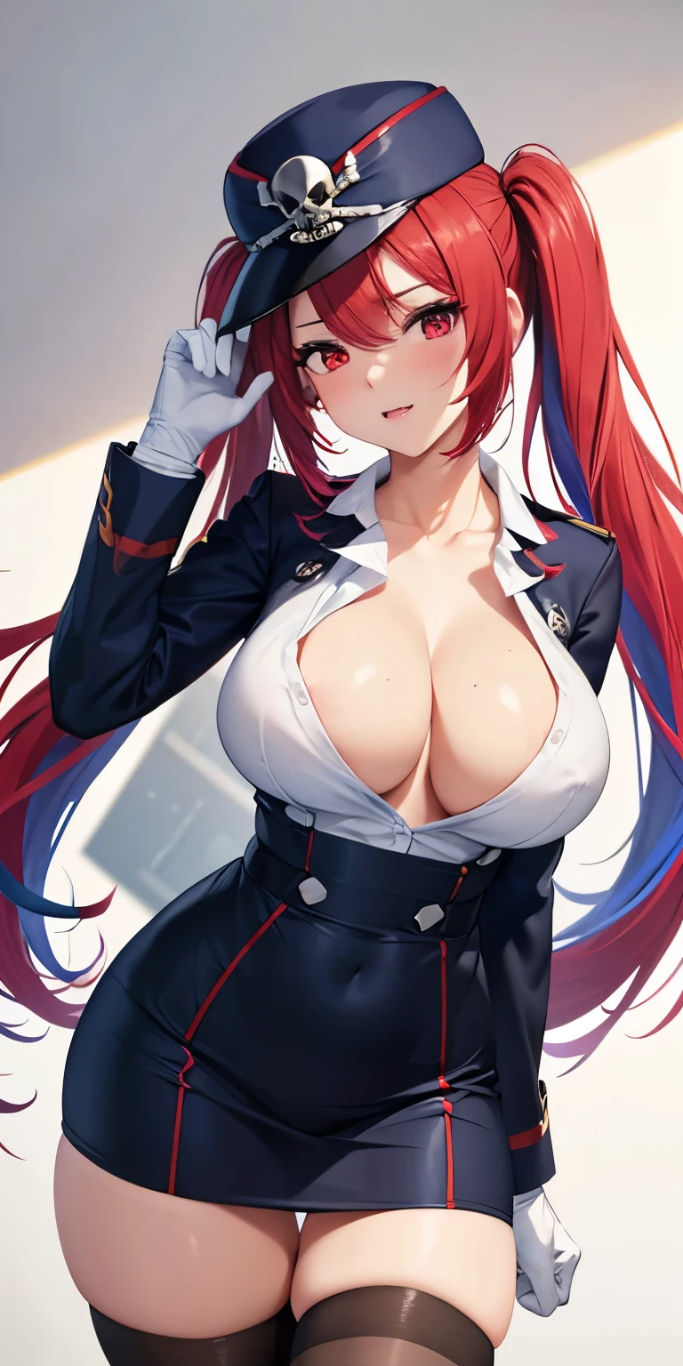 1 Female,High definition,high resolution,Ultra-realistic,8K, 1girl, solo, red hair, red eyes, twintails, employee uniform, pencil skirt, skull print, navy cap, fang, black legwear, white gloves, large breasts,European,sexy,Upper body close-up,Photographed from the front,Dynamic Angles,(blush), (medium tits) , multicolored hair 