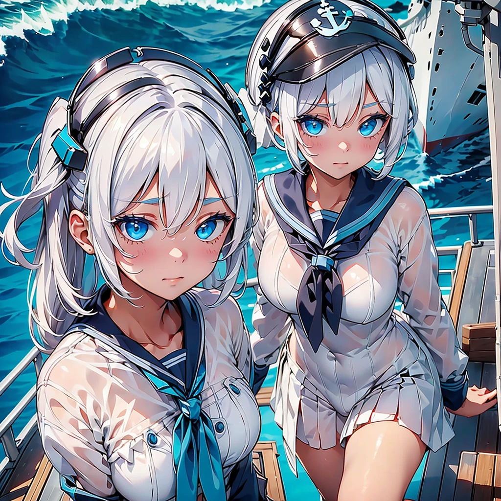 1girl, milky white hair color、pure white lashes 、Handsome face、Baby Face、 facing the viewer、Cyan Eyes、giant anchor background、⚓、🌊、Sun visor、 on a ship、Ship deck、