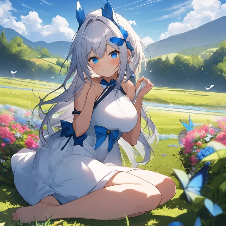 (Anime illustration of a girl with a rabbit motif. Squatting down. The effect of storing energy in the legs. The energy is blue and shining. The background is a scene in the mountains. Angle viewed from top to bottom. A serious expression. masterpiece, best quality, extremely detailed CG unity 8k wallpaper,