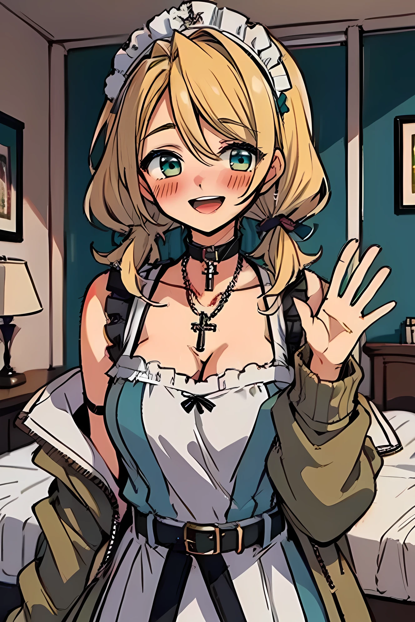 (masterpiece:1.2), (high quality:1.2), rekkyo sensen, rekkyou sensen, girls with(((1girl, solo, aiden d adams, blonde hair, teal eyes, smiling, blush, opened mouth, maid headdress, wavy medium hair, right swept bangs, low twintail:1.3), maid, breasts, choker, cleavage, coat, cowboy shot, (white frilled dress:1.2), camisole, white apron, tiered skirt, blue dress, off-shoulder sleeves, bare shoulders, ribbon waist belt, collar, collarbone, rosary, rosary choker, cross, fur, khaki hoodie, green hoodie, hood down, hooded coat, hooded jacket, hoodie, jacket, large breasts, long sleeves, medium breasts, open clothes, open coat,open hoodie, sleeveless, winter clothes, cleavage, upper body, hand up, waving, palm)), background with((bedroom, room:2.0))