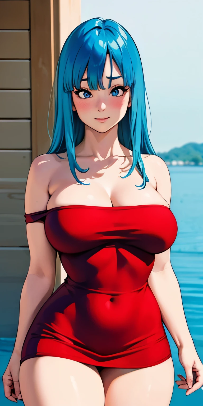 1 Female,High definition,high resolution,Ultra-realistic,8K, 1 Female, 1girl,maron,(red short dress), bare shoulder,(blue eyes,aqua hair,blunt bangs),off shoulder , big breasts ,wide thighs ,European,sexy,Upper body close-up,Photographed from the front,Dynamic Angles,(blush), (medium tits) 