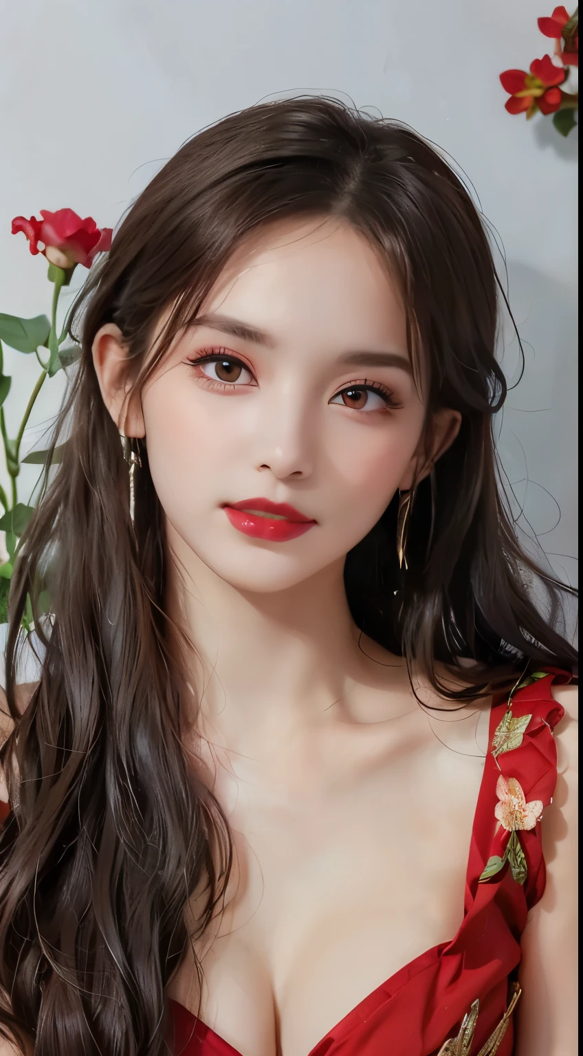 "1 beautiful girl in national costume, Wearing bright red traditional Chinese ao dai, Ao dai with red as the main color, Black chest border and gold border, long hair and white bangs,,, The most detailed and beautiful hair jewelry, Super cute little face, Very pretty face, Sparse eyebrows, The most perfect beautiful face, ((Black pupil:0.8)), Very beautiful eyes, ((Eyes red:1.4)), Beautiful and detailed eyelashes and very magical makeup, High Nose, earrings, thin lips, Red lips, No smiling, Beautiful lips, Rosy face, Clean face, Perfect beautiful face , smooth white skin, (Big breasts: 0.9)), Brams' chest, ((Large, Super round breasts): 0.9)), ((Super tight breasts: 1.2)), ((Breast augmentation surgery: 0.8)), Beautiful breasts, Sitting on the floor, Sitting with legs wide open, Thighs are wide and not shy, hands behind back, Chest forward, lean back a little, Beautiful girl's upper body, 8k photo, ultra-quality, Hyper realistic, 10x Super Pixels, photographrealistic, bright studio, Bright edges, Two-tone bright colors, (high detailing) skin: 1.2), 8k ultra, Soft light, High quality , Volumetric lighting, Realistic, Photos, High resolution, light, Best Photo, 4K, The 8k quality, Blur effect, Smooth and sharp, 10x pixel, Aurora, Lightning, Super Graphics , The most realistic graphics,(Red flower background: 1.7), Alone, Solo, Portraits 9:16, Very sharp, Surreal images."