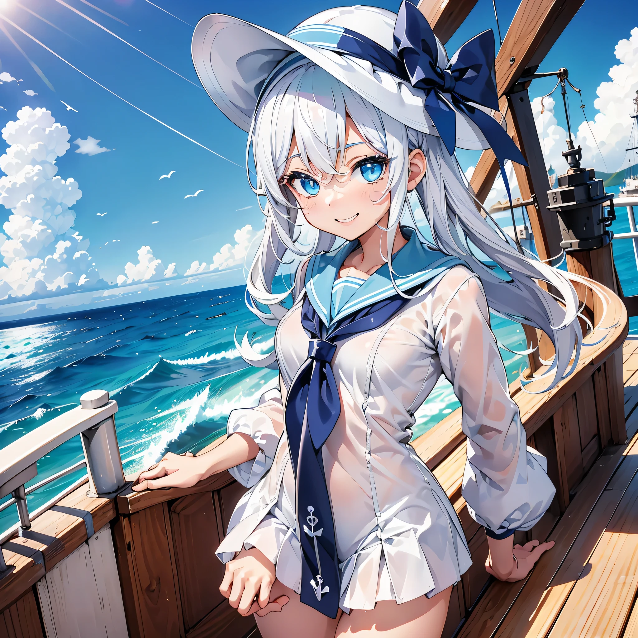 1girl, milky white hair color、pure white lashes 、Handsome face、Baby Face、 facing the viewer、Cyan Eyes、giant anchor background、⚓、🌊、Sun visor、 on a ship、Ship deck、The best smile、Superb ocean views、