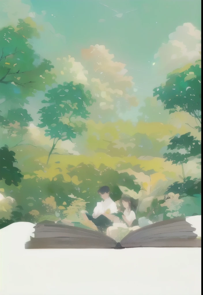  anime scene， A Couple Reading a Book in a Tree ,  book under a tree , anime background,  Anime Nature Wallpap , Cartoon dense john 8k forest illustration of a couple reading a book in the middle of a flower field,  book illustration , detailed  book illustration ,  full page illustration , story  book illustration , picture book ,   beautiful illustration  , cute story book illustration , text book illustration  in clolour, blurry and  fantasy illustration , a story book illustration ,  storybook illustration ,  illustration novel ,  fantasy illustration ,  book under a tree 