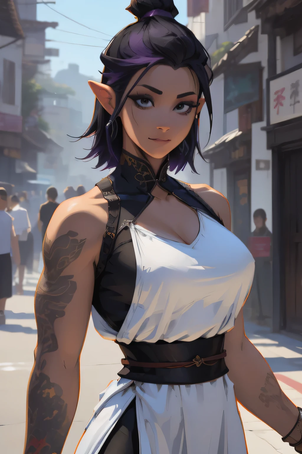 (very detailed background:1.0), (highly detailed background:1.0), (Masterpiece), High Quality, 1girl, woman, tattoo, irezumi, depth of field, dynamic lighting, high quality shadows, feminine, plunging neckline, breast curtains, Revealing clothes, , white dress, reze, purple hair