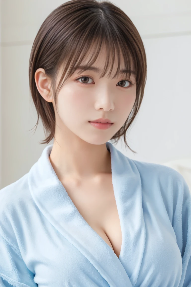 masterpiece, Best Quality,  one woman, ( Light Blue Bathrobe:1.2)、(RAW 写真Best Quality), (reality, reality的:1.4),  sexy、iris、 very detailed eyes and face ,  beautiful and detailed nose, beautiful eyes,  perfect anatomy、 short hair、 cleavage、 shiny skin、 blushes cheeks、Serious face、 open my lips、 bed、Rear Light 