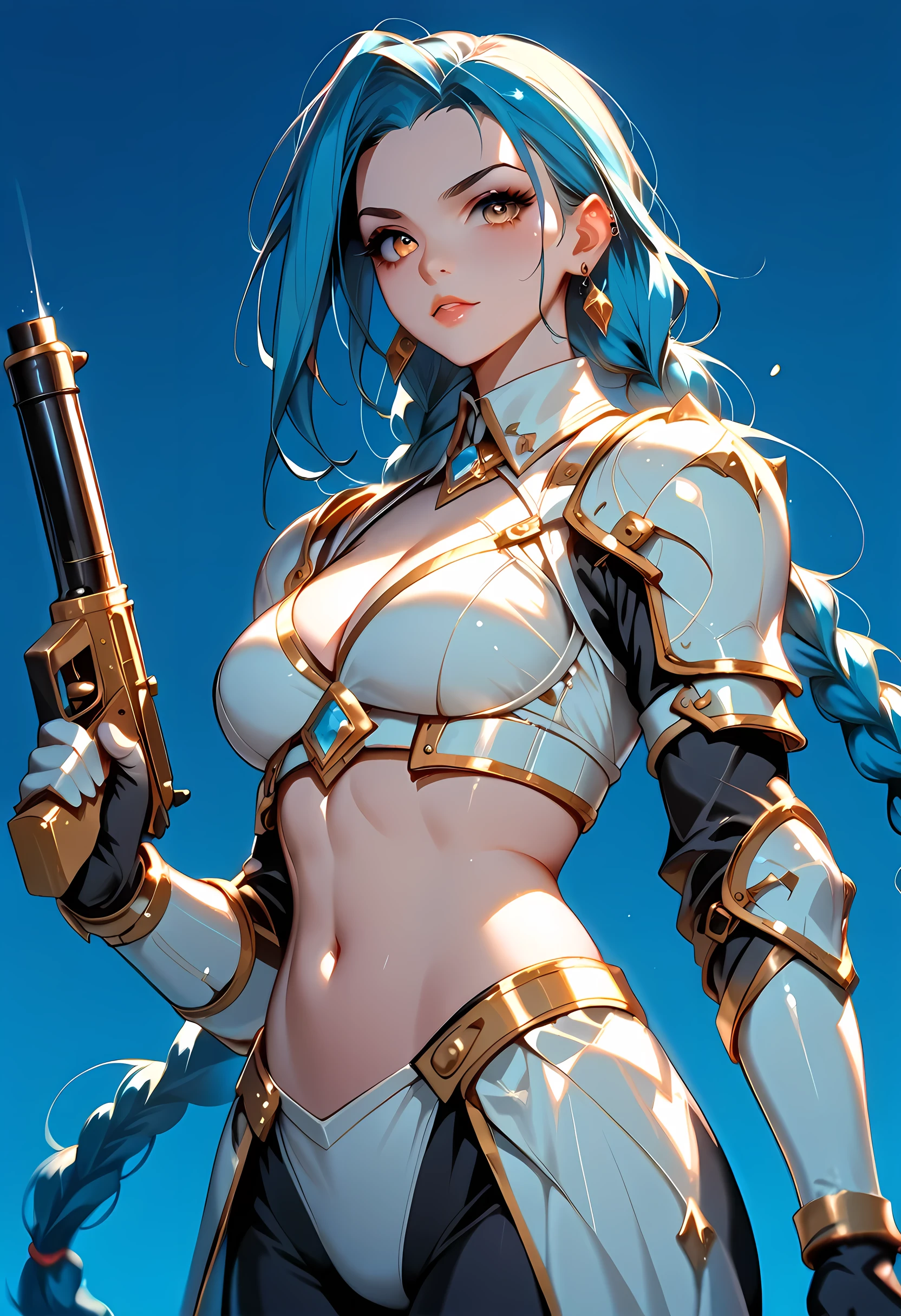 score_9, score_8_up, score_7, a picture of  JInx in a white mech armor holding a massive gun with yellow runes on it, hkstyle