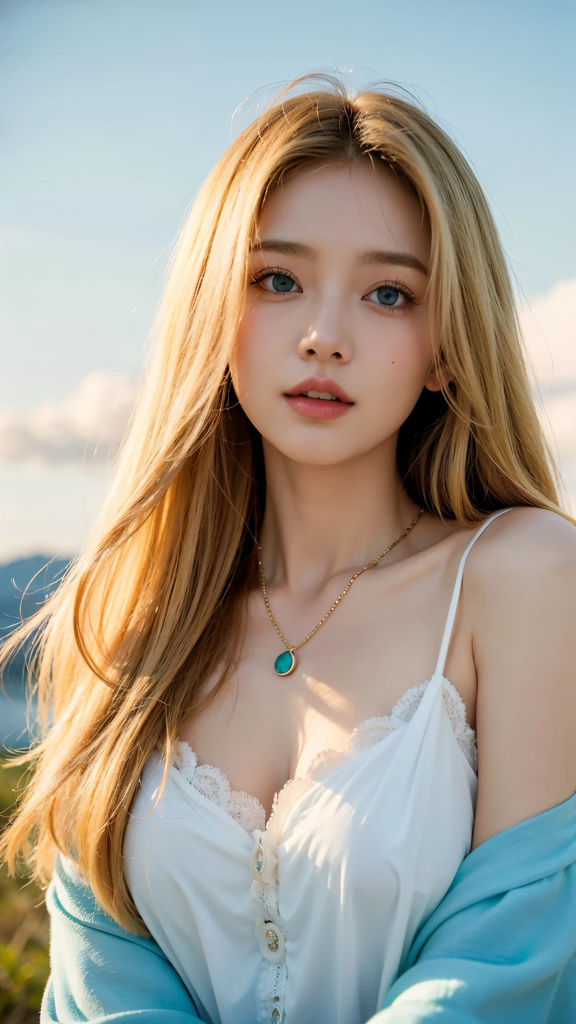 ((Highest quality, 8K, masterpiece :1.3)), Sharp focus :1.2, Beautiful woman with perfect figure :1.4, Slim Abs :1.2, ((Big Breasts, Emphasize cleavage:1.3)), (Photorealistic:1.4), (realistic:1.4), Highly detailed face and skin texture, Fine grain, double eyelid. Makeup face. A little bit of lipstick, necklace, Earrings, sex appeal, Sexy gravure pose, ((A woman in a blue summer dress、She is smiling happily and striking sexy poses while dancing at the festival.。The long blonde hair is dynamic.。:1.3)