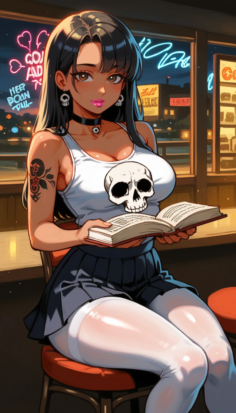 
Image of a girl:(long black hair with fringes :1.2),highly detailed brown eyes ,  thick thighs ,  curvy body ,  lush breasts ,  tanned skin ,  curvy hips  ,pink lipstick

Suit : black choker, white tank top with Mexican skull print , tattoo,  blue short fitted short pleated mini skirt  , white pantyhose , 

Pose:  Sitting cross-legged on outdoor cafeteria chair

 In the boho chic style, in a café,  multicolored neon lights,  neon garlands , , mixed language_SMS, Japanese graffiti , (beautiful and clear background:1.2),, fantastic paintings ,graphite style,  with ultra-fine details , masterpiece,  best quality ,  high quality,  High resolution, detail enhancement, ((most beautiful image  in the world)), masterpiece,  best quality ,  high quality,  High resolution, detail enhancement, ((most beautiful image  ), , art by stjepan sejic, arte de j scott campbell,  art by Guillem March , arte de citemer liu, 4K,  High resolution,  comic book  book character,  comic book ,  high quality detalhado, style of ::2. Illustration style 0 Comix ,estilo tattoo,  high quality,  High resolution, detail enhancement, 8k, HD,  best quality ,  high quality,  High resolution, detail enhancement, 8k, HDR, Sharp Focus, Ultra Detailed,  Perfect lighting , 