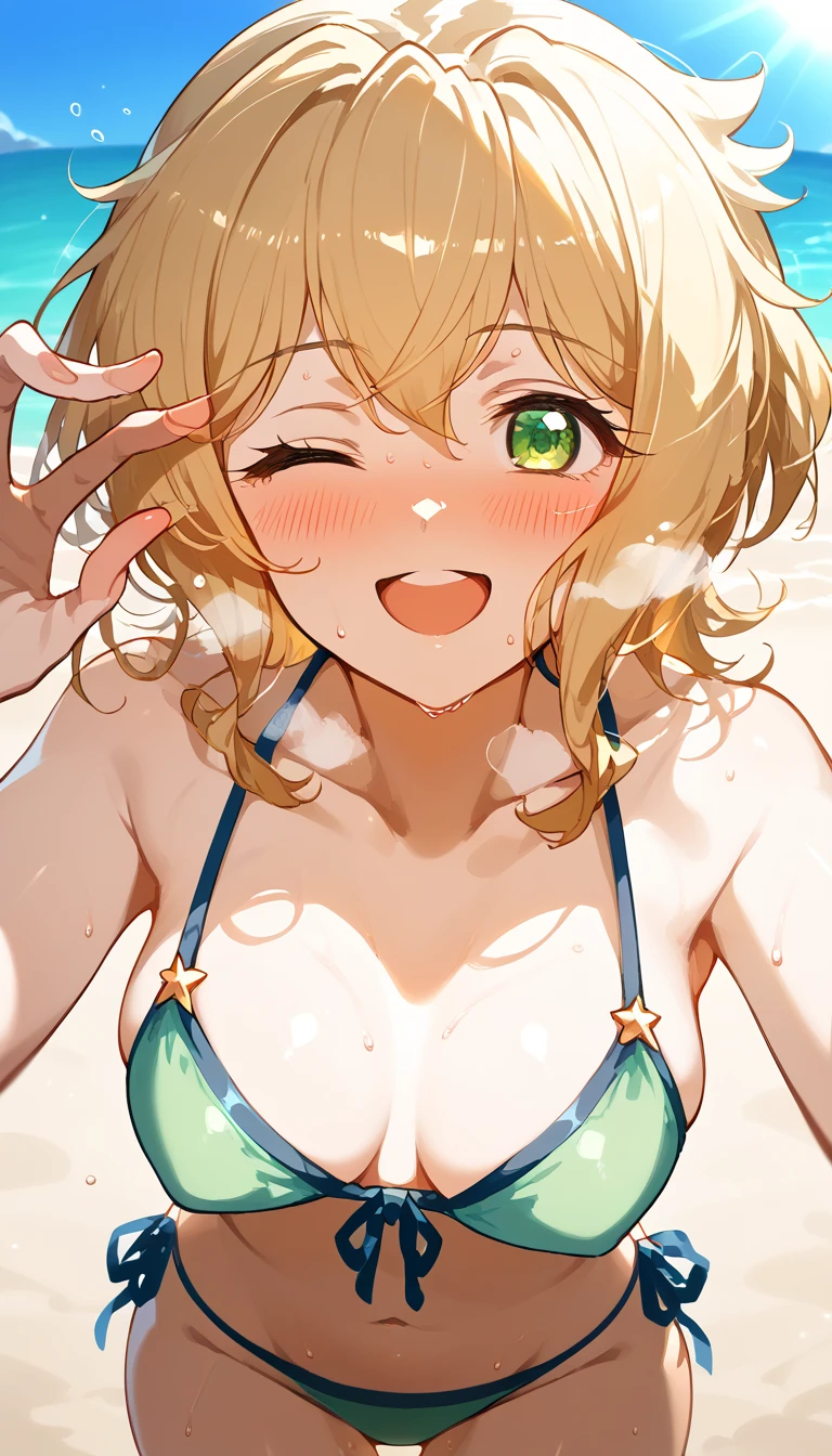 Best Quality,  Soft Light,  ultra high resolution, cute, beautiful face down to the smallest detail, high resolution details of human skin texture, shiny skin,sweat,Heat, white breath ,Akatsukiri Song,Blonde,Short Hair,Hair accessories, Sexy Poses,bikini,Seaside,sunlight,whole body,Symphogear,smile,Push your hips out to the side, winks,Green Eyes,stand,Squint your eyes, one eye closed,blush,Open your mouth, tilt your neck