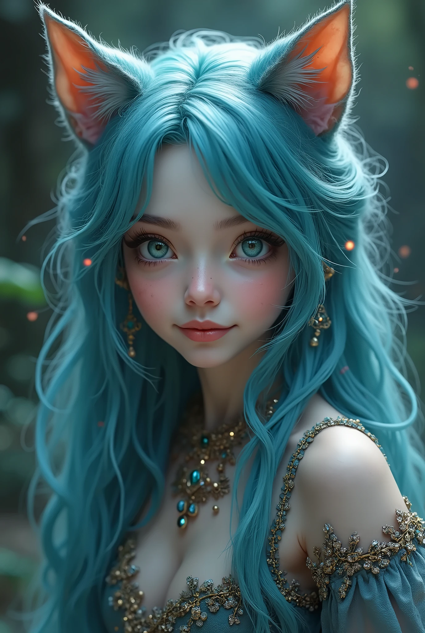 A close up of a woman with blue hair wearing a cat ear - SeaArt AI
