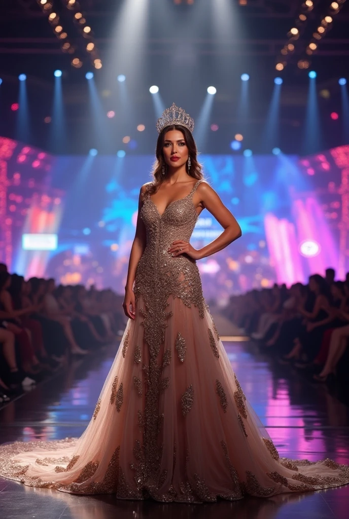 Miss universe, silver long kebaya brookat dress, at stage, wear crown, elegant, beautiful, slim, don't smile. 