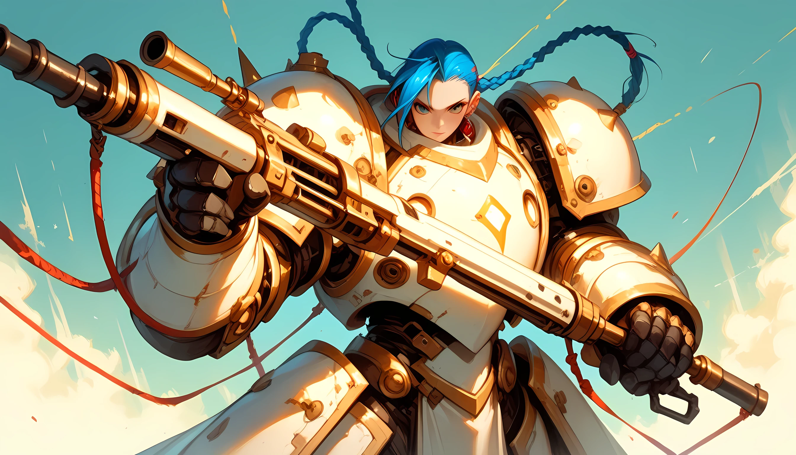 score_9, score_8_up, score_7, a picture of  JInx in a white mech armor holding a massive gun with yellow runes on it, hkstyle