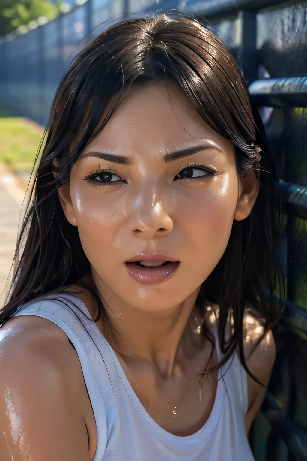 Tabletop,Award-winning photo, Very detailed, Edge Orgasm, Woman with open mouth and closed eyes , Deeply carved face、Tank top、high nose with a pointed point,,,,,,,,,,,,,,,Strong Nose、Long, narrow nostrils、Skin shiny with sweat、Lighting that highlights shiny sweat{Realistic nostrils}, Black-haired、On a bench in the schoolyard、There are many people in the background,There are several children nearby、Shapely breasts、