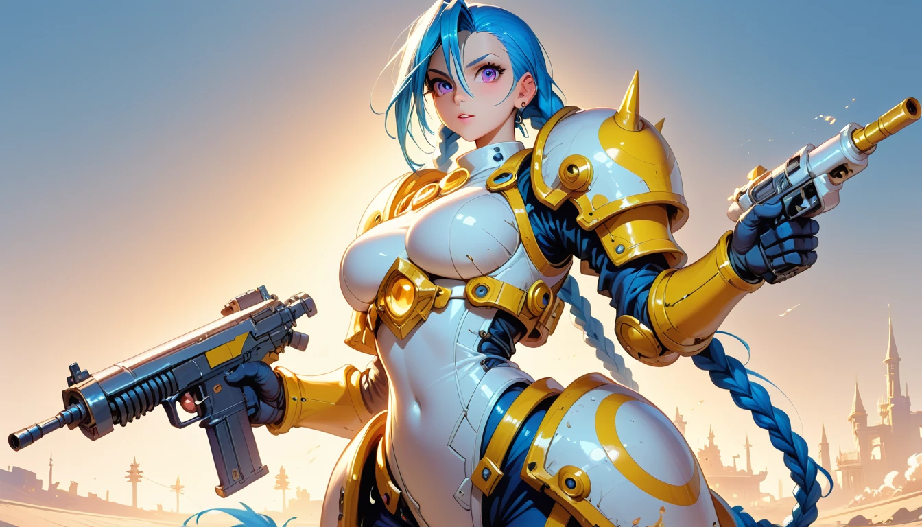 score_9, score_8_up, score_7, a picture of  JInx in a white mech armor holding a massive gun with yellow runes on it, hkstyle