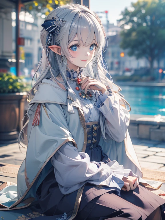 ( Masterpiece」),(4K), high quality, flat chest, 1 girl,Elf,Long silver hair,Pale skin,smile, Every detail has beautiful blue eyes  , ( Highly Detailed Elegant ),  Magical Colors and Atmospheres , Detailed skin,The background is soft and blurry , scene,  depth of written border, Bokeh, Silky to the touch,  Hyper Details , sitting,At White Beach, multi-layered outfits 